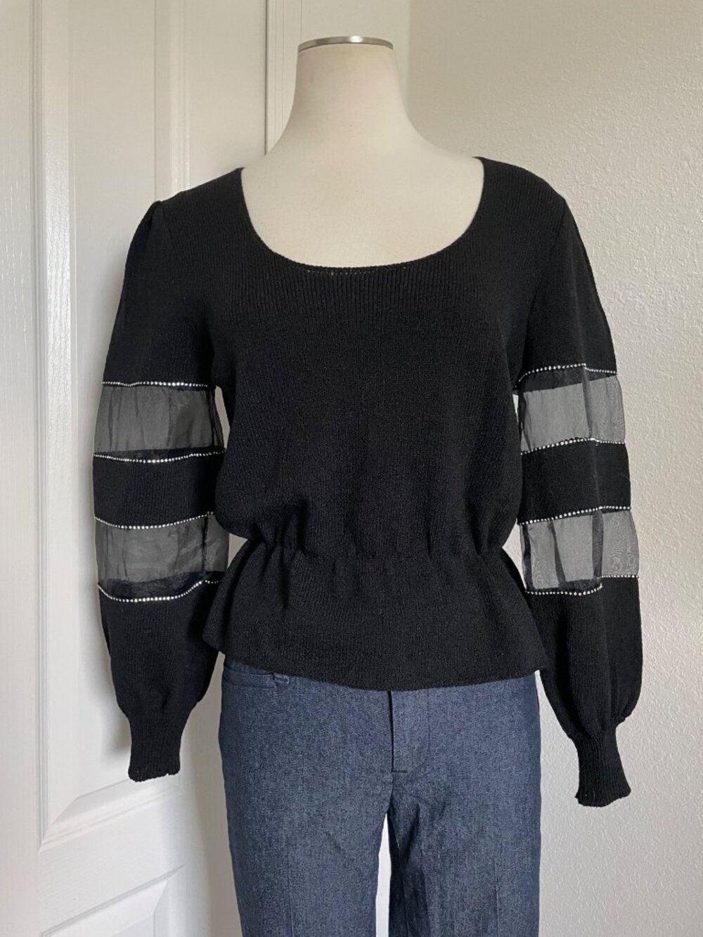 Vintage 1980s Women’s Scoop Neck Knit Too Sheer + Rhinestone Detail Sleeves SM